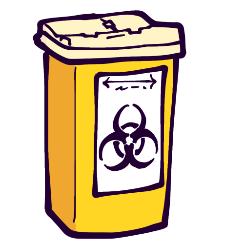 A yellow sharps container, which is a tall red plastic box labeled with a biohazard symbol.